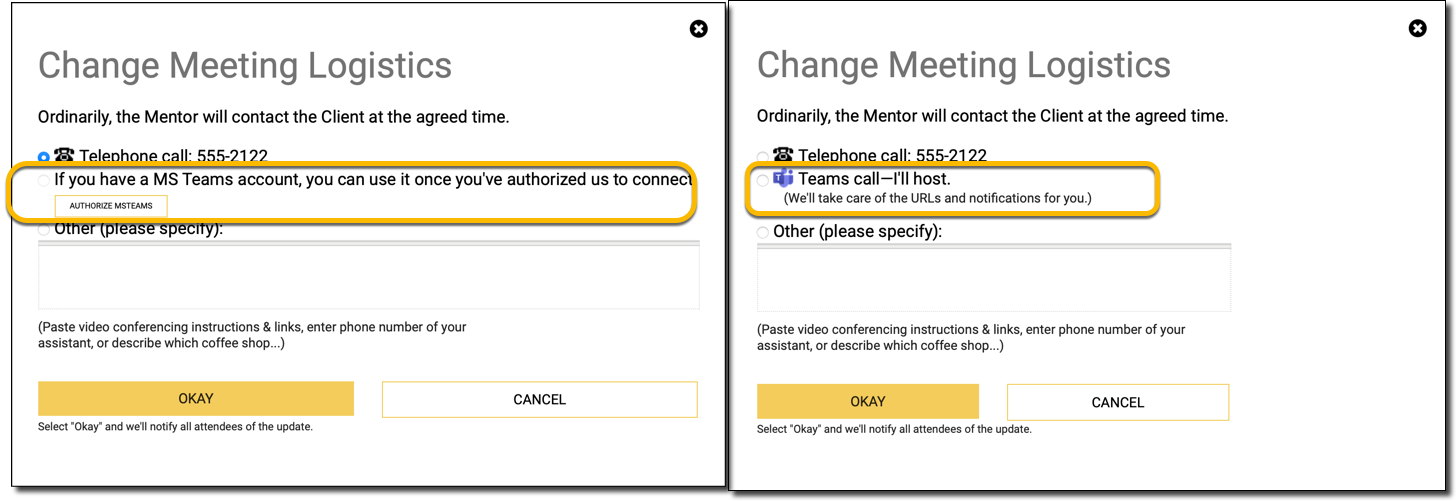 popup for Teams options