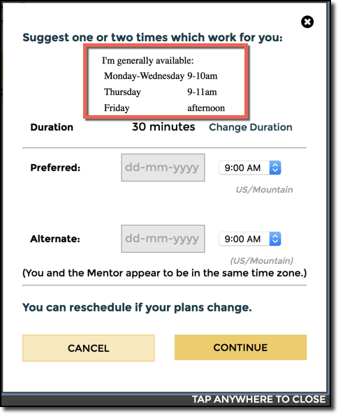 Office Hours, as displayed when scheduling